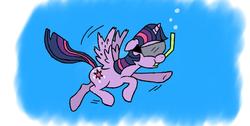 Size: 1366x686 | Tagged: safe, twilight sparkle, alicorn, pony, g4, bubble, diving, exploring, female, mare, science, snorkel, snorkeling, solo, swimming, twilight sparkle (alicorn), underwater, water
