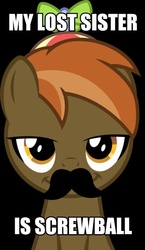 Size: 347x600 | Tagged: safe, button mash, screwball, earth pony, pony, g4, black background, button 'stache, colt, foal, hat, image macro, male, meme, moustache, propeller hat, simple background, smiling, solo, text