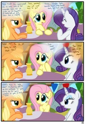 Size: 1741x2500 | Tagged: safe, artist:pyruvate, applejack, fluttershy, rarity, comic:the usual, g4, comic, female, lesbian, ship:flarity, shipping