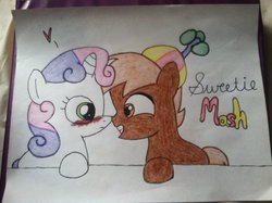 Size: 1024x765 | Tagged: safe, artist:kyle-fan1166, button mash, sweetie belle, g4, blushing, colt, duo, female, filly, foal, hat, male, propeller hat, ship:sweetiemash, shipping, straight, toy ship, traditional art