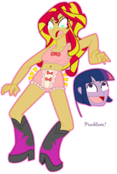 Size: 1124x1672 | Tagged: dead source, safe, artist:jewpanda, sunset shimmer, twilight sparkle, equestria girls, g4, clothes, humiliation, problem, sissyfication, underwear