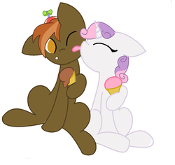 Size: 1024x967 | Tagged: safe, artist:rainfiremlp, button mash, sweetie belle, g4, colt, eyes closed, female, filly, floppy ears, foal, ice cream, licking, male, ship:sweetiemash, shipping, sitting, straight, tongue out, toy ship, wink