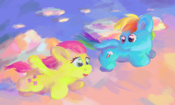 Size: 1000x600 | Tagged: safe, artist:danielpon, fluttershy, rainbow dash, g4, flying