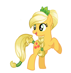 Size: 900x923 | Tagged: safe, artist:schnuffitrunks, applejack, g4, alternate hairstyle, braid, female, looking back, rearing, simple background, solo, tail wrap