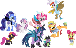 Size: 1500x956 | Tagged: safe, artist:schnuffitrunks, apple bloom, applejack, flam, flim, pinkie pie, rainbow dash, rarity, scootaloo, spike, sweetie belle, twilight sparkle, earth pony, pegasus, pony, unicorn, g4, clothes, costume, cutie mark crusaders, female, filly, flim flam brothers, foal, mare, role reversal, roleplaying, simple background, transparent background, unicorn twilight