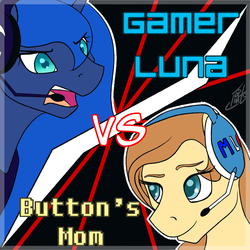 Size: 1024x1024 | Tagged: safe, artist:tlatophat, princess luna, oc, oc:cream heart, alicorn, earth pony, pony, button's adventures, gamer luna, g4, earth pony oc, female, fight, headphones, headset, mare