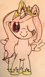 Size: 1156x1964 | Tagged: safe, artist:dassboshit, princess celestia, g4, cewestia, crown, drawing, female, filly, jewelry, one eye closed, pink-mane celestia, regalia, smiling, solo, wink, young, young celestia, younger