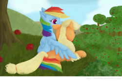 Size: 2336x1564 | Tagged: safe, artist:babileilei, applejack, rainbow dash, g4, female, hug, lesbian, ship:appledash, shipping, winghug