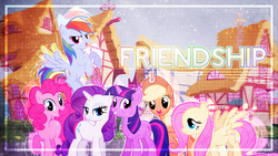 Size: 1920x1080 | Tagged: safe, artist:kibblethegreat, applejack, fluttershy, pinkie pie, rainbow dash, rarity, twilight sparkle, pony, g4, halftone effect, mane six, outdoors, ponyville, vector, wallpaper