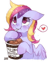 Size: 770x965 | Tagged: safe, artist:suikuzu, oc, oc only, pegasus, pony, comfort eating, crying, eating, food, heart, ice cream, looking up, pictogram, sad, solo, spoon