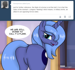 Size: 648x610 | Tagged: safe, artist:pijinpyon, princess luna, pony, ask little luna, g4, ask, butt, featureless crotch, female, flank, mare, moonbutt, mooning, plot, s1 luna, solo, tumblr