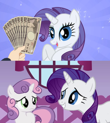 Size: 500x559 | Tagged: safe, rarity, sweetie belle, g4, fistful of yen, japanese yen, money