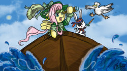 Size: 1024x576 | Tagged: dead source, safe, artist:eilemonty, angel bunny, fluttershy, bird, pegasus, pony, rabbit, g4, animal, boat, carrot, looking glass, ocean, pirate