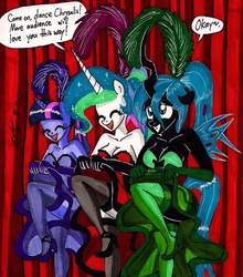 Size: 1386x1576 | Tagged: safe, artist:newyorkx3, princess celestia, queen chrysalis, twilight sparkle, alicorn, changeling, changeling queen, anthro, plantigrade anthro, g4, can-can, can-can dress, cleavage, clothes, dancing, dress, female, high heels, shoes, skirt, skirt lift, stockings, traditional art