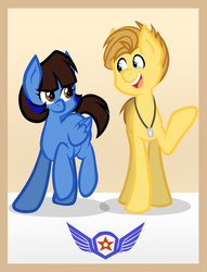 Size: 652x854 | Tagged: source needed, safe, earth pony, pegasus, pony, eye contact, jewelry, looking at each other, mako mori, necklace, open mouth, pacific rim, ponified, raised hoof, raised leg, raleigh beckett, smiling