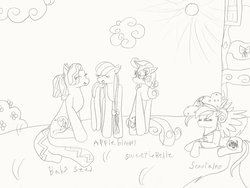 Size: 1024x772 | Tagged: safe, artist:creamecream, apple bloom, babs seed, scootaloo, sweetie belle, g4, monochrome, older