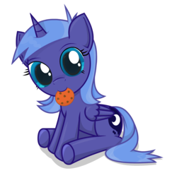 Size: 1528x1500 | Tagged: safe, artist:negasun, princess luna, alicorn, pony, g4, cookie, cute, female, filly, lunabetes, mouth hold, simple background, sitting, solo, transparent background, weapons-grade cute, woona