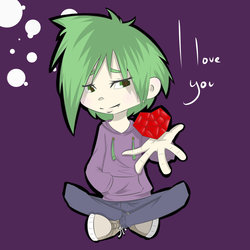 Size: 894x894 | Tagged: safe, artist:skune, spike, g4, cute, fire ruby, humanized, i love you, looking at you, male, sitting, smiling, solo
