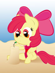 Size: 1728x2304 | Tagged: safe, artist:pinksaphires, apple bloom, earth pony, anthro, g4, beach, clothes, female, one-piece swimsuit, sandcastle, solo, swimsuit