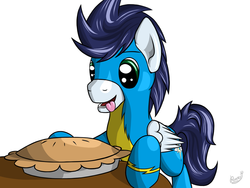 Size: 1024x768 | Tagged: safe, artist:reaper3d, soarin', pegasus, pony, g4, cute, dilated pupils, eyes on the prize, happy, male, open mouth, pie, simple background, smiling, solo, stallion, that pony sure does love pies, tongue out, white background