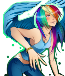 Size: 857x1000 | Tagged: safe, artist:rokitou, artist:skyeypony, rainbow dash, human, g4, armpits, female, humanized, solo, winged humanization