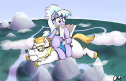 Size: 5100x3300 | Tagged: safe, artist:nekocrispy, bulk biceps, cloudchaser, g4, absurd resolution, flying, ponies riding ponies, riding, wonderbolt trainee uniform