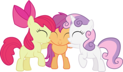 Size: 12227x7198 | Tagged: safe, artist:silentmatten, apple bloom, scootaloo, sweetie belle, earth pony, pegasus, pony, unicorn, g4, absurd resolution, cutie mark crusaders, eyes closed, female, filly, foal, horn, simple background, transparent background, vector