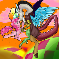 Size: 500x500 | Tagged: safe, artist:prism-mod, discord, pinkie pie, draconequus, earth pony, pony, g4, balloon, chaos, chocolate rain, discorded landscape, duo, female, male, mare, orange sky, ship:discopie, shipping, straight