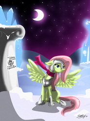 Size: 1564x2114 | Tagged: safe, artist:lunarcakez, fluttershy, g4, armor, badass, clothes, dark ages, female, flutterbadass, poster, scarf, snow, solo