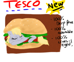 Size: 683x570 | Tagged: safe, derpy hooves, original species, pegasus, pony, g4, 2013 horsemeat scandal, burger, female, food, horse meat, mare, parody, sleeping, solo, tesco