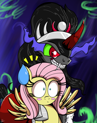 Size: 1100x1401 | Tagged: safe, artist:daniel-sg, fluttershy, king sombra, pegasus, pony, unicorn, g4, blushing, cape, clothes, colored horn, curved horn, fangs, female, gritted teeth, horn, male, mare, ship:sombrashy, sombra eyes, sombra horn, stallion, straight, sweat, sweatdrop