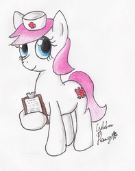 Size: 1631x2069 | Tagged: safe, artist:goldenpansy, nurse redheart, pony, g4, clipboard, female, mare, solo, traditional art