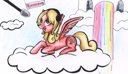 Size: 3320x1941 | Tagged: safe, artist:lunarcakez, pony, cloud, cloudy, headphones, ponified, solo, tara strong, traditional art