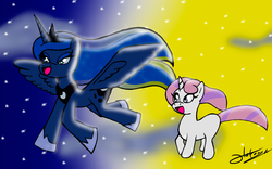 Size: 1920x1200 | Tagged: safe, artist:otakon, princess luna, oc, oc:moondancer, children of the night, g4, filly