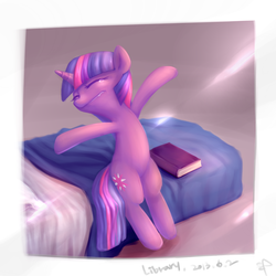 Size: 2000x2000 | Tagged: safe, artist:ifthemainecoon, twilight sparkle, g4, bed, female, morning ponies, solo, stretching
