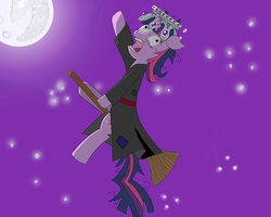 Size: 2000x1600 | Tagged: safe, artist:hanswurst10, twilight sparkle, g4, broom, crown, derp, female, floppy ears, flying, flying broomstick, full moon, mare in the moon, moon, night, night sky, open mouth, sitting, solo, stars, twilight snapple, witch