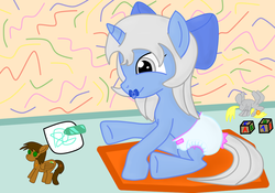 Size: 1280x896 | Tagged: safe, artist:emerald rush, derpy hooves, oc, oc:emerald rush, oc:filly moonshine, pegasus, pony, unicorn, g4, diaper, plushie