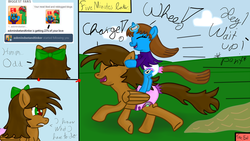 Size: 1280x720 | Tagged: safe, artist:emerald rush, oc, oc only, oc:emerald rush, oc:mindset, pegasus, pony, unicorn, comic, diaper, diaper fetish, duo, horn, horn ring, magic suppression, non-baby in diaper, ponies riding ponies, riding, tumblr