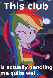 Size: 299x435 | Tagged: safe, edit, edited screencap, screencap, rainbow dash, equestria girls, g4, my little pony equestria girls, ^^, animated, caption, cute, dancing, dashabetes, eyes closed, fall formal outfits, female, subversion, subverted meme, the club can't even handle me right now, the sprinkler