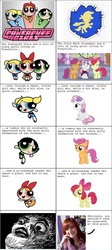 Size: 500x1113 | Tagged: safe, apple bloom, scootaloo, sweetie belle, g4, cutie mark crusaders, drama, duckery in the description, lauren faust, meme, plagiarism is magic, rage comic, the powerpuff girls