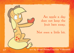 Size: 1051x751 | Tagged: safe, artist:pixel-prism, applejack, fruit bat, g4, apple, card, female, parody, quote, sitting, solo