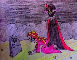 Size: 1024x796 | Tagged: safe, artist:twilight-changeling, king sombra, sunset shimmer, equestria girls, g4, a christmas carol, crying, grave, gravestone, humanized