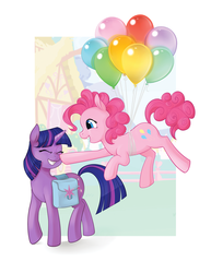 Size: 1024x1325 | Tagged: dead source, safe, artist:lemondevil, pinkie pie, twilight sparkle, earth pony, pony, unicorn, g4, balloon, boop, eyes closed, female, floating, happy, lesbian, saddle bag, ship:twinkie, shipping, then watch her balloons lift her up to the sky, unicorn twilight