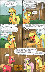 Size: 1949x3080 | Tagged: safe, artist:ciriliko, applejack, big macintosh, fluttershy, earth pony, pegasus, pony, g4, ..., blushing, comic, creeper, dialogue, fake out, female, implied fluttermac, implied sex, innuendo, male, mare, red eyes, ship:fluttermac, shipping, stallion, straight
