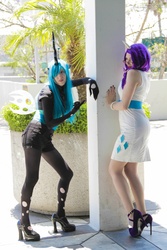 Size: 2304x3456 | Tagged: safe, artist:canhardlyfly, artist:hybridrain, artist:thestormypetrelofcosplay, queen chrysalis, rarity, human, g4, anime expo, anime expo 2013, clothes, cosplay, dress, high heels, irl, irl human, photo