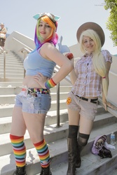 Size: 2304x3456 | Tagged: safe, artist:agentt3xas, artist:geekeryandsuch, applejack, rainbow dash, human, g4, anime expo, belly button, cosplay, irl, irl human, midriff, photo