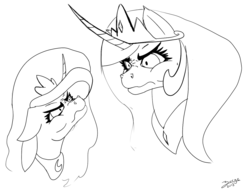 Size: 1114x846 | Tagged: safe, artist:surge-on, princess celestia, princess luna, g4, monochrome, scrunchy face