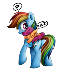 Size: 900x1006 | Tagged: dead source, safe, artist:xioade, rainbow dash, scootaloo, pegasus, pony, g4, cute, cutealoo, onomatopoeia, ponies riding ponies, question mark, riding, scootaloo riding rainbow dash, scootalove, sleeping, sound effects, speech bubble, zzz