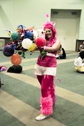 Size: 3456x5184 | Tagged: safe, artist:hybridrain, pinkie pie, human, g4, anime expo, balloon, cosplay, hat, irl, irl human, leg warmers, partillery, party cannon, party hat, photo, solo