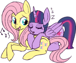 Size: 448x373 | Tagged: safe, artist:lulubell, fluttershy, twilight sparkle, alicorn, pony, g4, cute, eyes closed, female, lesbian, mare, music notes, open mouth, prone, ship:twishy, shipping, shyabetes, simple background, singing, sleeping, smiling, transparent background, twiabetes, twilight sparkle (alicorn), zzz